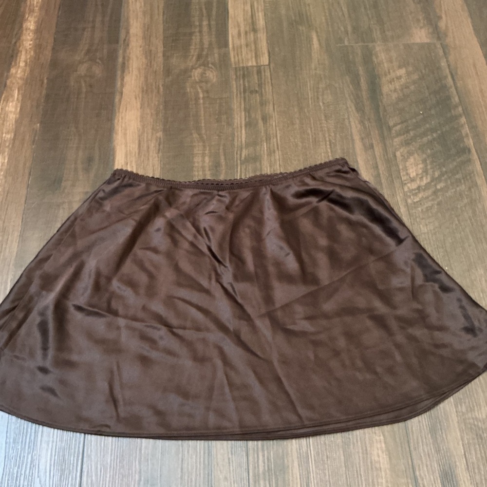 Reformation Satin Mini Skirt Brown Lace Trim Elastic Waist Small Slip Skirt
